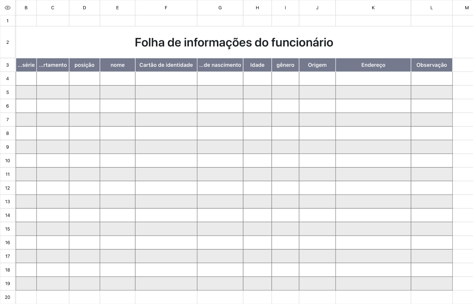 Folha de informações do funcionário